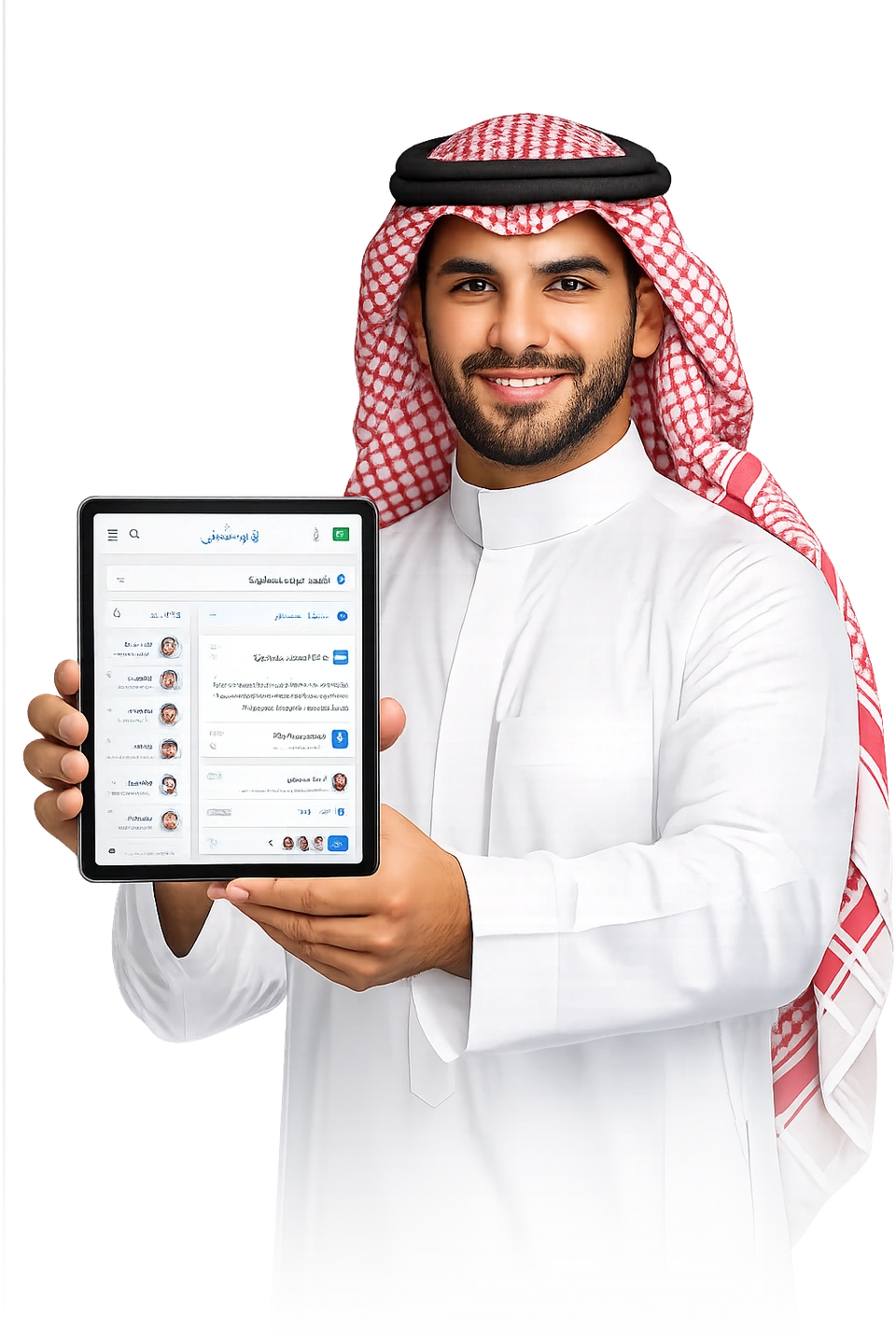 رجل سعودي بالثوب والشماغ يعرض واجهة وشيج على جهاز لوحي